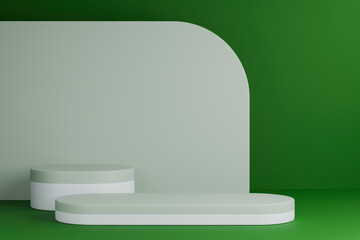 The white podiums are displayed against a green background