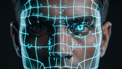 Man with digital overlay futuristic biometric scan face recognition technology - Powered by Adobe