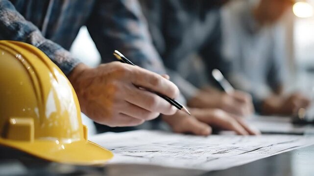 Two construction workers review blueprints at a table with a yellow hardhat in the foreground