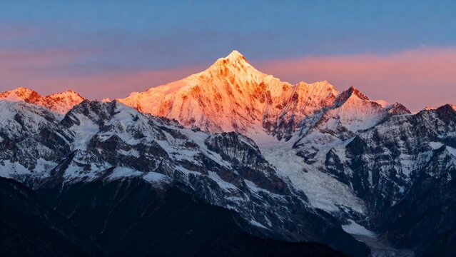 Snow-capped mountain peak illuminated by sunrise with vibrant pink and orange sky