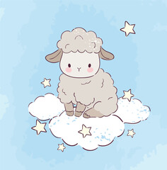 Hand drawn cute sheep and cloud, kids print vector art