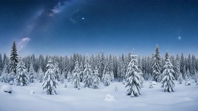 Snow covered pine forest under a starry night sky with a hint of the milky way and falling snow