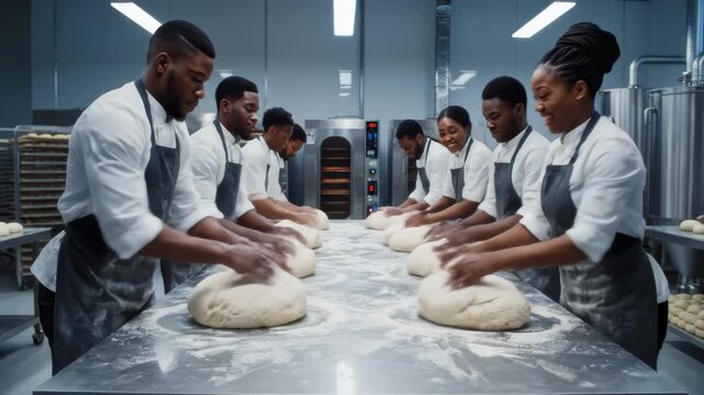 Chefs Kneading Dough in Commercial Bakery, Working as a Team