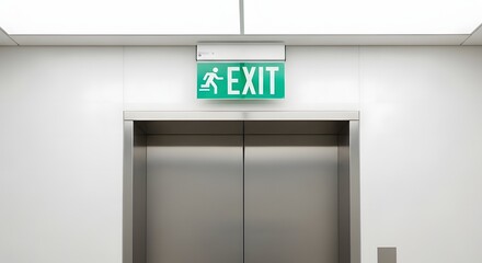 Closed stainless steel elevator doors in a modern corridor with a green emergency exit sign above