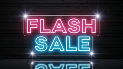 Vibrant neon flash sale sign glowing on brick wall background with sparkling light effects and - Powered by Adobe