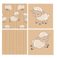 Hand drawn cute sheep pattern set kids print vector illustration