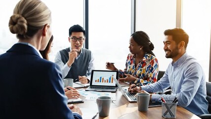 A diverse team collaborates at a table in a modern office, analyzing data on laptops - Powered by Adobe