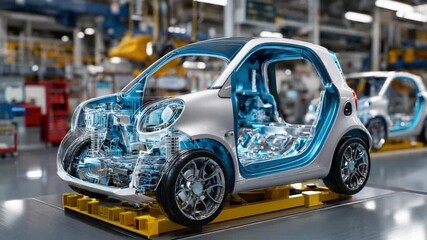 Automotive Assembly Line: An innovative automotive assembly line showcases a car's skeleton, highlighting its engineering and design, with its parts aligned precisely.