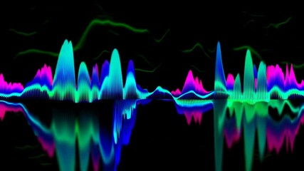 Vibrant sound wave movement with neon blue, green, and magenta colors forming dynamic abstract patterns, colorful energy and visual effect - Powered by Adobe