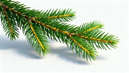Close-up of a green conifer branch with needle-like leaves against a white background