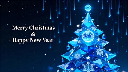 Blue crystal Christmas tree with snowflakes and stars against a dark sky, featuring holiday greetings