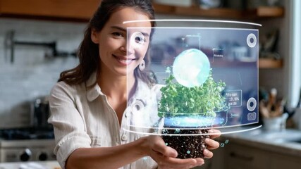 A Glimpse into Plant's Health Analysis: A woman examines a houseplant, with an augmented reality interface overlaying information about plant. This cutting-edge integration of technology.