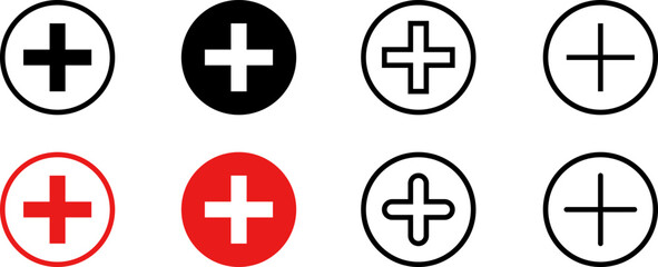Fototapeta premium Plus add icon set. Positive sign. Horizontal line with vertical bar, plus symbol inside circle outline and solid for add actions, increase functions, quantity adjustment, controls. Vector PNG JPG