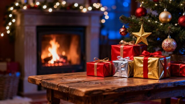 Christmas gifts wrapped in red, silver, and gold on a wooden table near a lit fireplace and decorated tree - Powered by Adobe