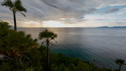Tropical palms overlooking a calm sea at sunset.
Soft golden light breaks through dramatic clouds and reflects across the open ocean, creating a peaceful coastal atmosphere.