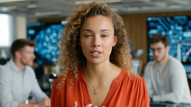 Confident Communication: A poised woman with a warm gaze engages viewers in an office setting. She conveys her message with assuredness and skill, surrounded by colleagues.