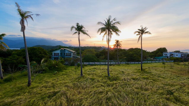 Palm trees framing a rural house at sunset.
Golden light spreads across grassy fields with distant mountains creating a peaceful tropical landscape.