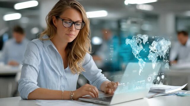 Global Strategy Vision: A focused professional, deeply engaged in her work, studies a virtual display of a global map, signifying international business and worldwide connection.