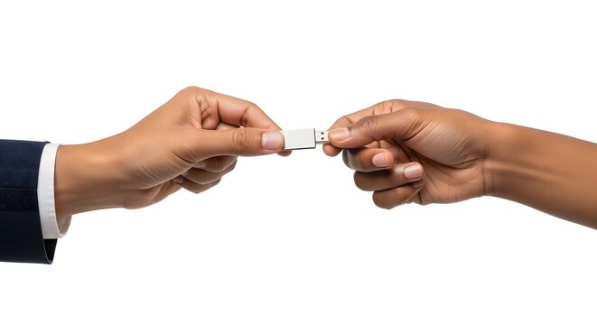 Close up of two hands exchanging a white usb flash drive stick isolated on white background