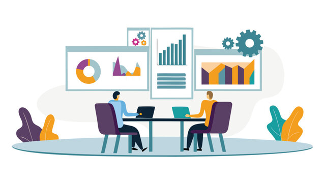 Modern data driven business meeting illustration featuring floating charts graphs and analytics conveying insights and strategic planning in a professional setting