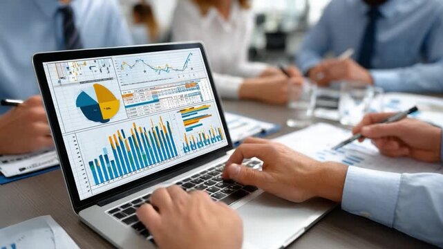 Data Analytics and Strategy: Hands-on analysis of financial data, visualized on a laptop screen, fueling strategic discussions within a collaborative business environment.  - Powered by Adobe