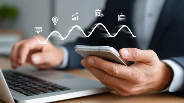 Mobile Technology: A professional's hands expertly navigate a mobile phone and laptop, digital line rising up with graphic icons on display, depicting digital evolution.