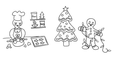 Gingerbread characters bake cookies and decorate a Christmas tree in a festive holiday scene, drawn as a simple outline coloring page. The concept represents Christmas preparation