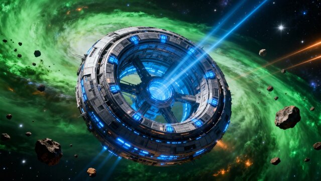 A futuristic space station with a glowing blue core orbits within a vibrant green nebula, surrounded by asteroids and stars.