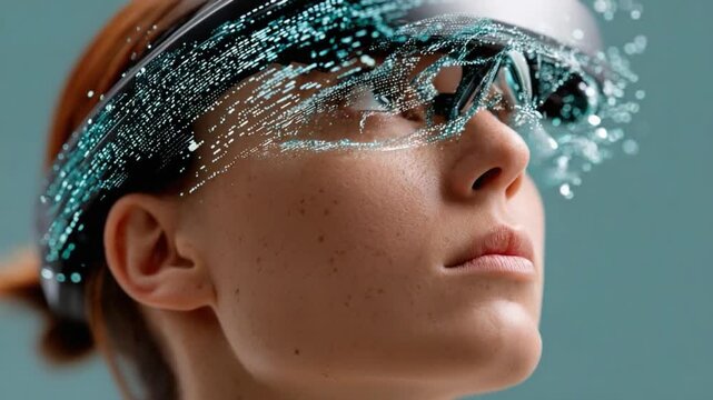 Vision of Future: A woman wearing a futuristic visor, with water-like digital streams flowing gracefully across her face, capturing the intersection of technology and human.