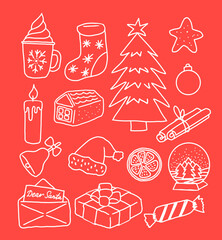 Set of Christmas doodles. Naive line illustrations. Collection of Christmas decoration