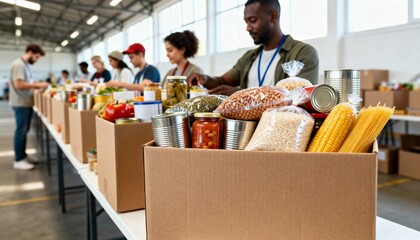Close-up of aid boxes with canned food and packed grains in a busy warehouse.