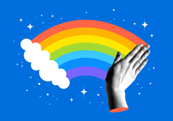 Halftone hand painting a rainbow. Contemporary collage. Pride Month. LGBTQ support illustration