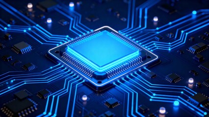 Close-up of a glowing blue microprocessor on a circuit board with illuminated pathways