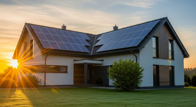 Modern House Roof with Solar Panels at Sunrise. suburban house with blue photovoltaic solar panels installed on the roof. Represents renewable energy, sustainability, eco-friendly living