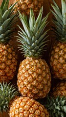 Vertical banner, wallpaper for social media of vibrant and colorful still life photograph of fresh pineapples with intricate details and lush green leaves, set against a warm and inviting wooden