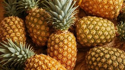 a vibrant and colorful still life photograph of fresh pineapples with intricate details and lush green leaves, set against a warm and inviting wooden background, with the pineapples