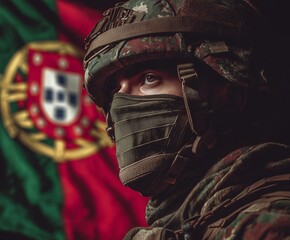 Obraz premium A soldier in tactical gear stands resolute, with the Portuguese flag prominently displayed behind him. The image conveys patriotism, strength, and military focus.