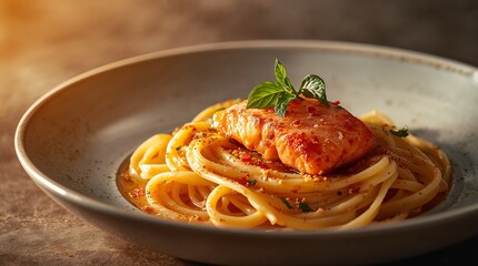 Artistic portrait photography of a delicate dish of salmon pasta, with a focus on the interplay of light and shadow, warm golden colors, and a shallow depth of field, showcasing the tender salmon