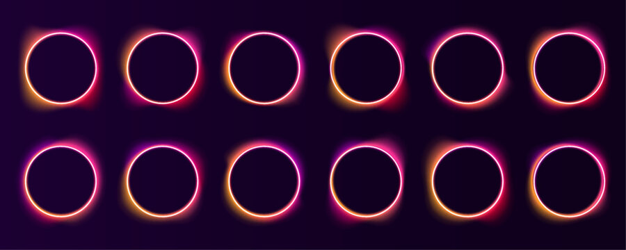 Round neon frame pulses with vibrant colors. Smooth gradient flows along the glowing border. Sparkling highlights add a futuristic cosmic touch.