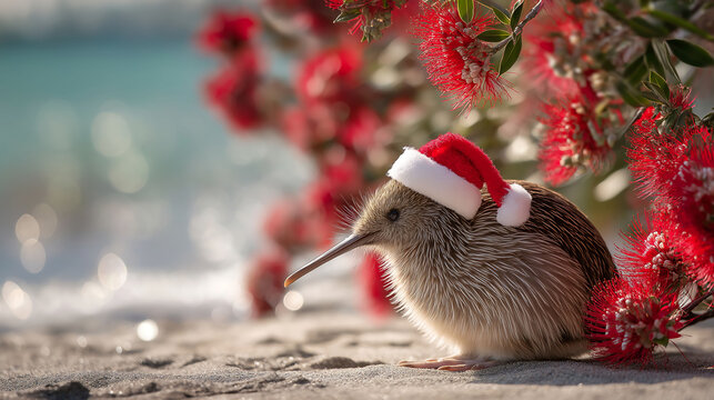 Cute kiwi bird in Santa hat on beach under blooming pohutukawa tree, with sea in background