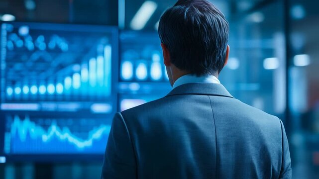 Business professional analyzing data on digital screens in a modern office environment