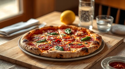 ultra-realistic food photograph of a pizza placed on a light wooden table, shot with warm natural light coming from the left side. wooden board, same cozy Italian restaurant lighting. pizzas
