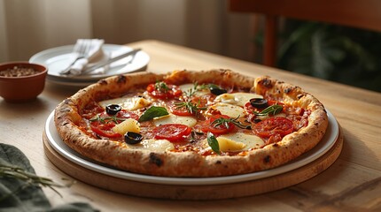 ultra-realistic food photograph of a pizza placed on a light wooden table, shot with warm natural light coming from the left side. wooden board, same cozy Italian restaurant lighting. pizzas