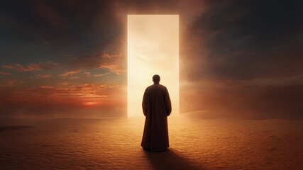 Mystical figure standing before an open door in a surreal desert landscape at sunset - Powered by Adobe