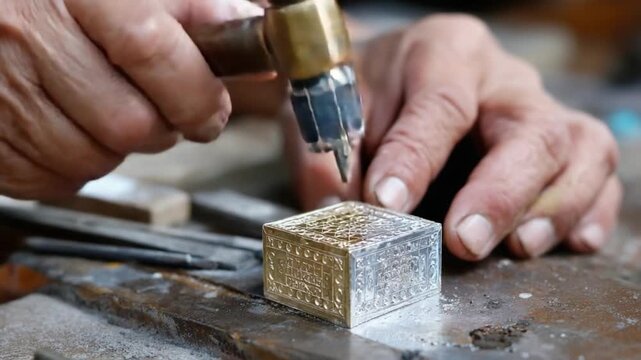 Craftsman's Precision: A craftsman meticulously hammers a detailed pattern onto a silver cube, revealing the dedication and expertise in his craft.