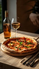 Vertical banner, wallpaper for social media of ultra-realistic food photograph pizza saumon placed on a light wooden table, with warm natural light coming from the left. board or white plate