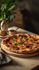Vertical banner, wallpaper for social media of ultra-realistic food photograph of a pizza placed on a light wooden table, shot with warm natural light coming from the left side. wooden board