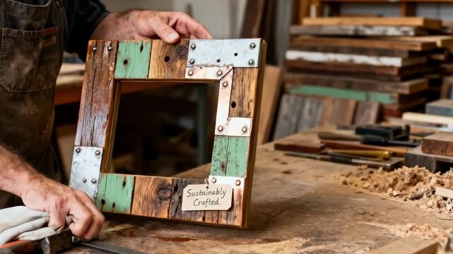 Artisan applying finishing touches to ecofriendly frame made with reclaimed materials illustrating commitment to sustainable craftsmanship and waste reduction.