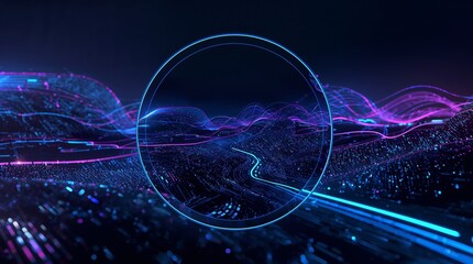 A futuristic AI-inspired profile picture featuring a mesmerizing digital landscape with swirling neon blue and purple lights, metallic silver accents, and glossy black surfaces, set against