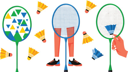 Vibrant and abstract vector illustration of badminton equipment, including rackets, shuttlecocks, and player elements, perfect for sports design, active lifestyle promotions, tournament flyers, or fit